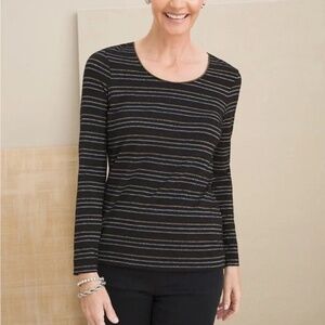 Chicos Sz S Black Shine Stripes Layering Blouse Tee Shirt Stretch Pullover Top